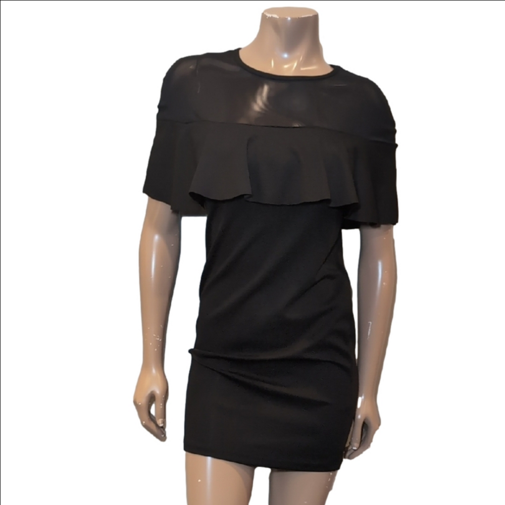 Black Flutter Sleeve Mini Dress Sheer Illusion Flounce Bodycon LBD Cocktail